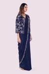 Onaya_Blue Silk Sequins, Beads Open Neck, Pre-stitched Saree Embellished Jacket Set _Online_at_Aza_Fashions