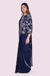 Shop_Onaya_Blue Silk Sequins, Beads Open Neck, Pre-stitched Saree Embellished Jacket Set _Online_at_Aza_Fashions