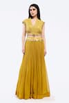 Buy_Onaya_Yellow Georgette Embellished Mirrorwork Crop Jacket Mandarin Collar Lehenga Set _at_Aza_Fashions