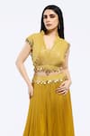 Buy_Onaya_Yellow Georgette Embellished Mirrorwork Crop Jacket Mandarin Collar Lehenga Set _Online_at_Aza_Fashions