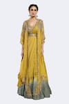 Buy_Onaya_Yellow Silk Embroidered Bead Cape Open Sequin Lehenga Saree Set _at_Aza_Fashions