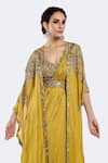 Shop_Onaya_Yellow Silk Embroidered Bead Cape Open Sequin Lehenga Saree Set _Online_at_Aza_Fashions