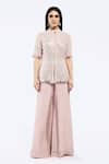 Buy_Onaya_Pink Crepe Embellished Mirrorwork Mandarin Collar Short Kurta With Flared Pant _at_Aza_Fashions