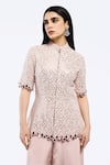 Buy_Onaya_Pink Crepe Embellished Mirrorwork Mandarin Collar Short Kurta With Flared Pant _Online_at_Aza_Fashions