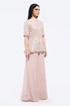 Onaya_Pink Crepe Embellished Mirrorwork Mandarin Collar Short Kurta With Flared Pant _at_Aza_Fashions