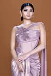 Neeta Lulla_Purple Shimmer Lycra Embroidery 3d Floral Asymmetric Draped Saree Gown _Online_at_Aza_Fashions