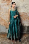 Buy_Safaa_Blue Vegan Silk Woven Floral Buttis Scoop Behnaaz Anarkali Pant Set _at_Aza_Fashions