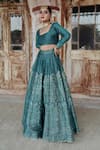 Safaa_Blue Vegan Silk Woven Floral Buttis Square Mirea Peacock Lehenga Set _Online_at_Aza_Fashions