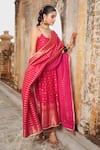 Safaa_Magenta Vegan Silk Woven Floral Buttis Scoop Panelled Anarkali Pant Set _Online_at_Aza_Fashions