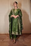 Buy_Safaa_Green Vegan Silk Woven Floral Buttis Notched Raha Vine Kurta Pant Set _Online_at_Aza_Fashions