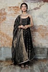 Buy_Safaa_Black Vegan Silk Woven Floral Buttis Scoop Strappy Anarkali Pant Set _at_Aza_Fashions