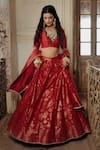 Buy_Safaa_Red Vegan Silk Woven Floral Buttis Plunge V Hiraya Jaal Bridal Lehenga Set _at_Aza_Fashions