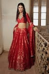 Safaa_Red Vegan Silk Woven Floral Buttis Plunge V Hiraya Jaal Bridal Lehenga Set _Online_at_Aza_Fashions