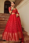 Shop_Safaa_Red Vegan Silk Woven Floral Buttis Square Minara Geometric Bridal Lehenga Set _Online_at_Aza_Fashions