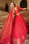 Safaa_Red Vegan Silk Woven Floral Buttis Square Minara Geometric Bridal Lehenga Set _at_Aza_Fashions