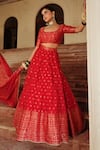 Buy_Safaa_Red Vegan Silk Woven Floral Buttis Square Minara Geometric Bridal Lehenga Set 