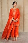 Buy_Safaa_Orange Vegan Silk Woven Floral Buttis Notched Mahenoor Kurta Pant Set _at_Aza_Fashions