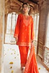 Buy_Safaa_Orange Vegan Silk Woven Floral Buttis Notched Mahenoor Kurta Pant Set _Online_at_Aza_Fashions