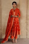 Buy_Safaa_Orange Vegan Silk Woven Floral Notched Meral Cluster Anarkali Pant Set _at_Aza_Fashions