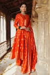 Safaa_Orange Vegan Silk Woven Floral Notched Meral Cluster Anarkali Pant Set _at_Aza_Fashions