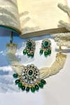 Shop_Prestones_Green Kundan Stone Embellished Pearl Braid Choker Set _at_Aza_Fashions