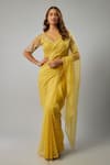 Buy_FATIZ_Yellow Crystal Organza Embroidered Glass V Neck Pre-draped Saree With Blouse _at_Aza_Fashions