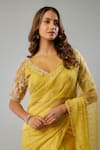 FATIZ_Yellow Crystal Organza Embroidered Glass V Neck Pre-draped Saree With Blouse _Online_at_Aza_Fashions