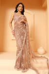 Buy_MeenaGurnam_Rose Gold Net Embroidery Floral Paan Neck Flower Vine Saree With Blouse _at_Aza_Fashions