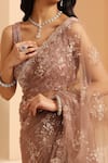 MeenaGurnam_Rose Gold Net Embroidery Floral Paan Neck Flower Vine Saree With Blouse _at_Aza_Fashions