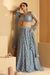 MeenaGurnam_Blue Net Hand Embellished Sequins Round Neck Flower Vine Lehenga Set _Online_at_Aza_Fashions