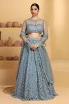 Buy_MeenaGurnam_Blue Net Hand Embellished Sequins Round Neck Flower Vine Lehenga Set _Online_at_Aza_Fashions