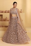 MeenaGurnam_Brown Net Hand Embellished Sequins Round Neck Flower Lehenga Set _at_Aza_Fashions