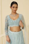 MeenaGurnam_Blue Net Embroidery Glitter Cutwork Scoop Neck Sequin Lehenga Set _at_Aza_Fashions