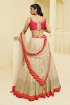 Shop_MeenaGurnam_Pink Net Woven Dabka Scoop Neck Floral And Temple Motif Pattern Lehenga Set _at_Aza_Fashions