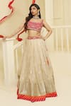 Buy_MeenaGurnam_Pink Net Woven Dabka Scoop Neck Floral And Temple Motif Pattern Lehenga Set _Online_at_Aza_Fashions