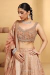 MeenaGurnam_Beige Tissue Embroidery Nakshi Paan Neck Rosette Cutwork Pattern Lehenga Set _at_Aza_Fashions