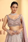 MeenaGurnam_Beige Tissue Embroidery Nakshi Paan Neck Rosette Cutwork Pattern Lehenga Set _Online