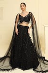 Buy_MeenaGurnam_Black Net Embroidery Crystal Spread V Neck Tonal Lehenga Set _at_Aza_Fashions