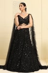 MeenaGurnam_Black Net Embroidery Crystal Spread V Neck Tonal Lehenga Set _Online_at_Aza_Fashions