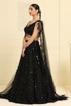 Buy_MeenaGurnam_Black Net Embroidery Crystal Spread V Neck Tonal Lehenga Set _Online_at_Aza_Fashions