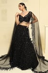 MeenaGurnam_Black Net Embroidery Crystal Spread V Neck Tonal Lehenga Set _at_Aza_Fashions