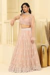 MeenaGurnam_Peach Lehenga Georgette Embroidery Floral Blouse Sheer Jacket And Flower Set _Online_at_Aza_Fashions