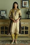 Buy_Shorshe Clothing_Gold Brocade Tissue Woven Stripe Mandarin Collar Kurta And Pant Set _at_Aza_Fashions