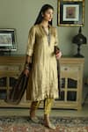 Shop_Shorshe Clothing_Gold Brocade Tissue Woven Stripe Mandarin Collar Kurta And Pant Set _Online_at_Aza_Fashions