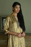 Shop_Shorshe Clothing_Gold Brocade Tissue Woven Stripe Mandarin Collar Kurta And Pant Set 