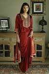 Shorshe Clothing_Red Velvet Embroidery Sequin V Neck Shabana Cutdana Yoke Top _Online_at_Aza_Fashions