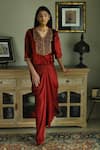 Buy_Shorshe Clothing_Red Velvet Embroidery Sequin V Neck Shabana Cutdana Yoke Top _Online_at_Aza_Fashions