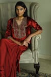 Shop_Shorshe Clothing_Red Velvet Embroidery Sequin V Neck Shabana Cutdana Yoke Top _Online_at_Aza_Fashions