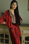 Shorshe Clothing_Red Velvet Embroidery Sequin V Neck Shabana Cutdana Yoke Top _at_Aza_Fashions