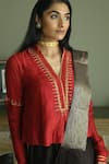 Buy_Shorshe Clothing_Red Silk Embroidery Gota V Neck Sashiko Placket Blouse _Online_at_Aza_Fashions